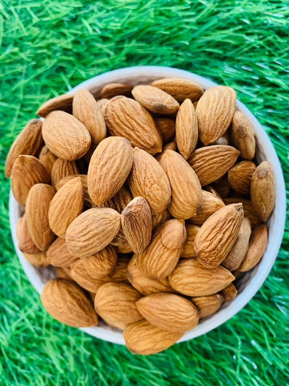 A white bowl of almonds on green grass