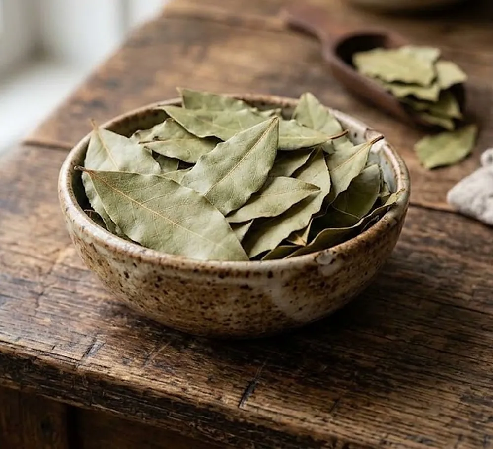 Dried bay leaves in a bowl on a wooden table