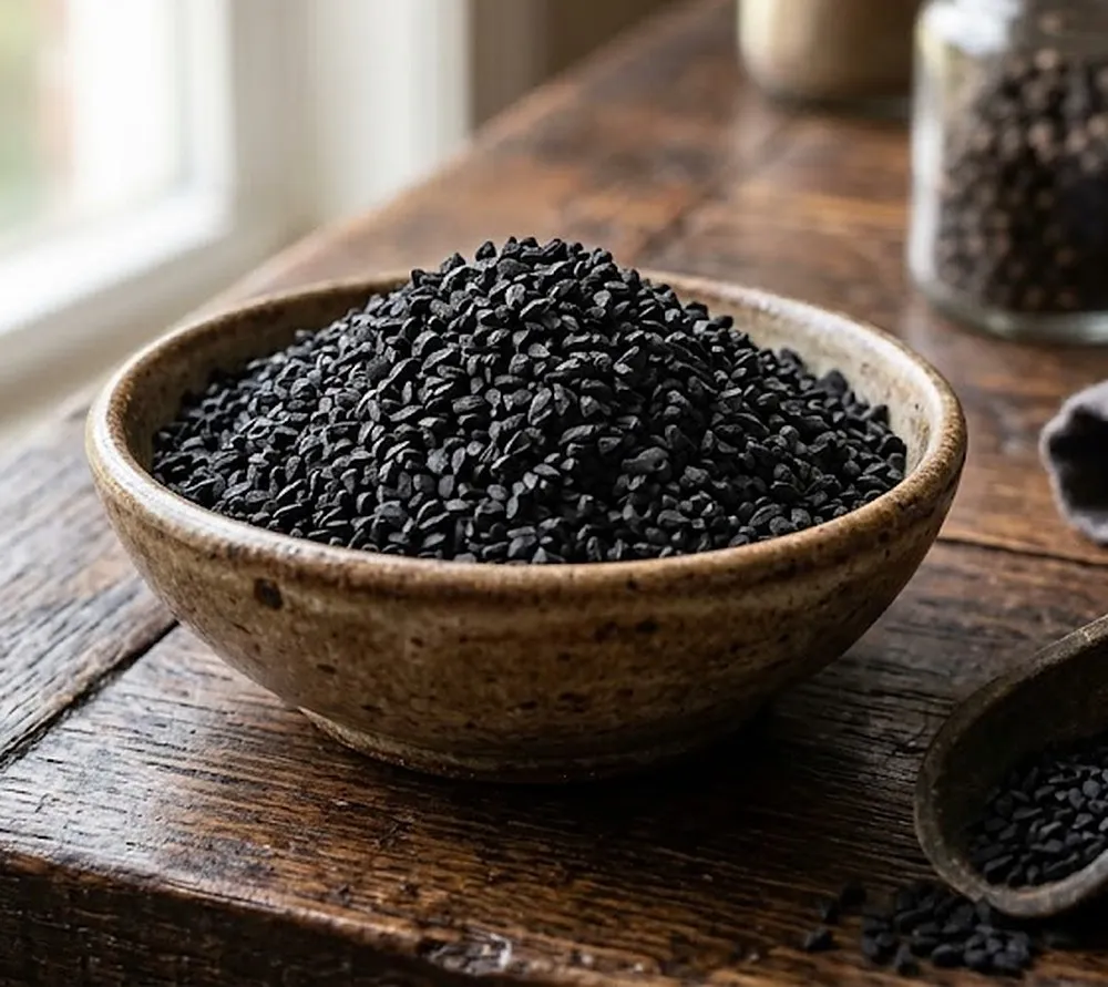 A bowl of black seeds beside a scoop