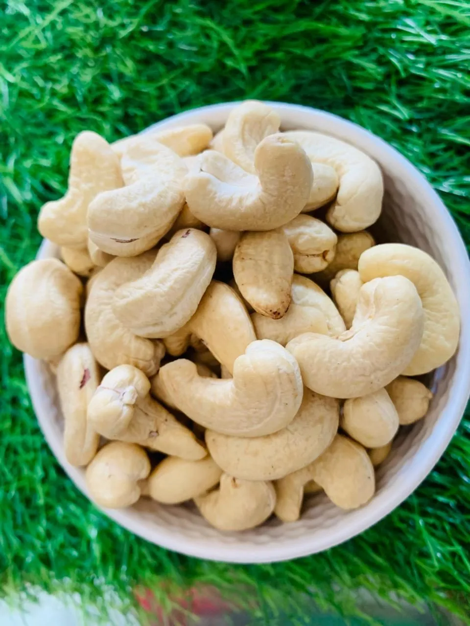 A bowl of whole white cashews on green grass