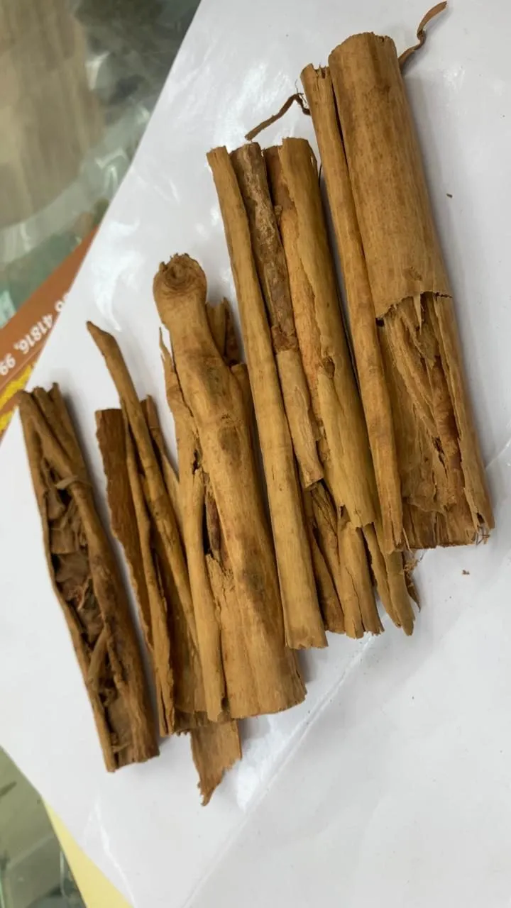 Cinnamon quills and broken bark pieces on a white tray