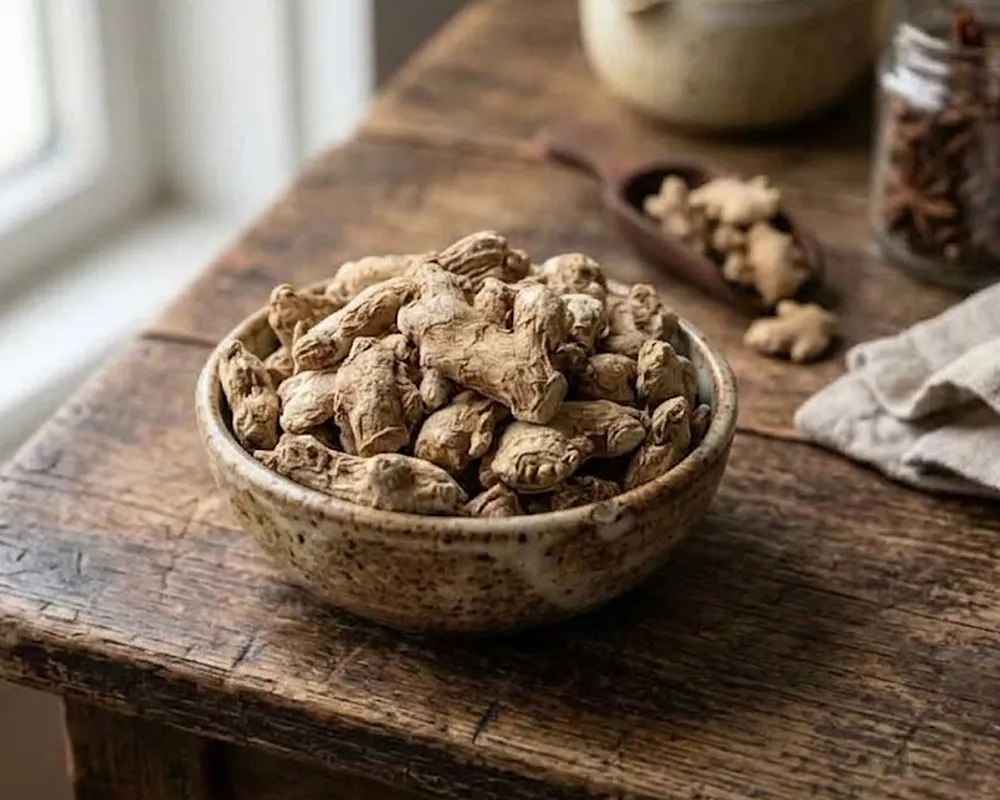 A bowl of dry ginger (sukku) pieces on a wooden table