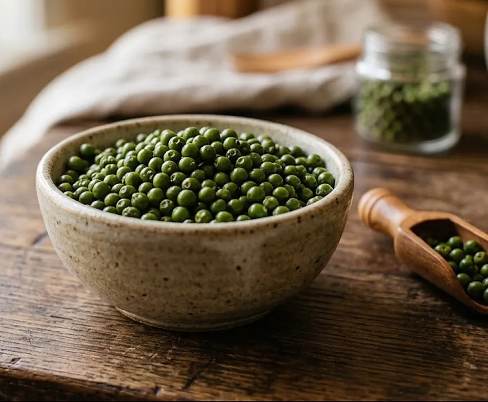 A bowl of green peppercorns beside a wooden scoop
