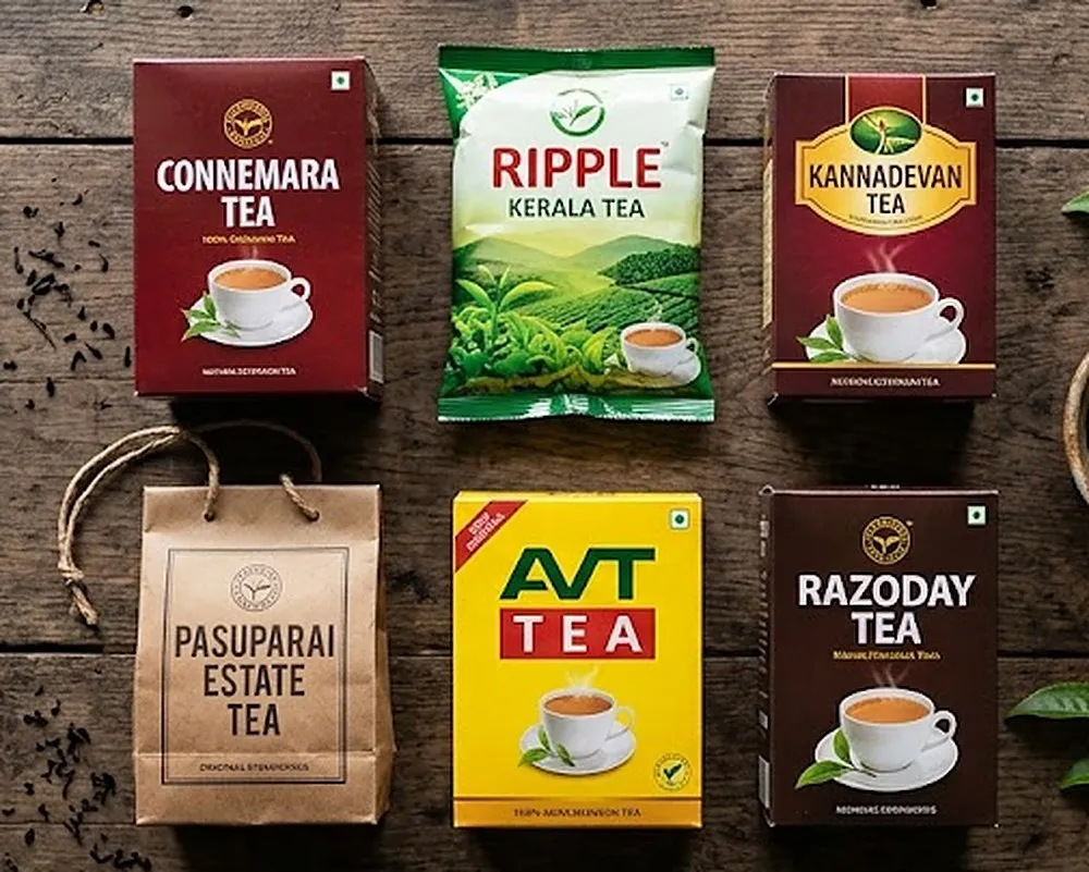 Kerala tea packs: Connemara, Ripple, Kannadevan, Pasuparai, AVT and Razoday