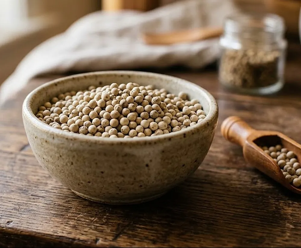 A bowl of white peppercorns beside a wooden scoop